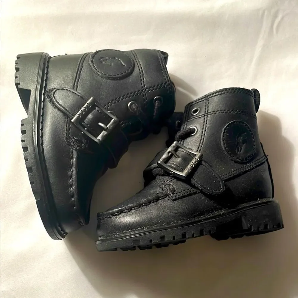 POLO BY RALPH LAUREN black leather ranger boots. New